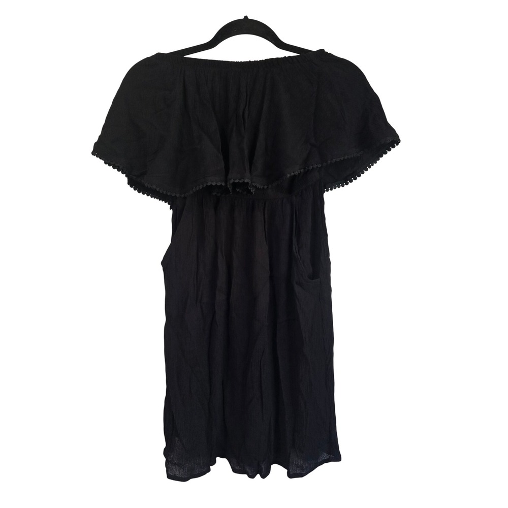 Tropik Womens Black Off Shoulder Ruffle Mini Dress Pom‎ Pom Trim Pockets XS/TP